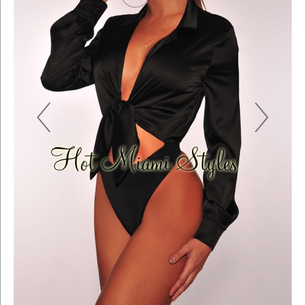 Hot Miami Styles Satin Collared Tie Up Bodysuit